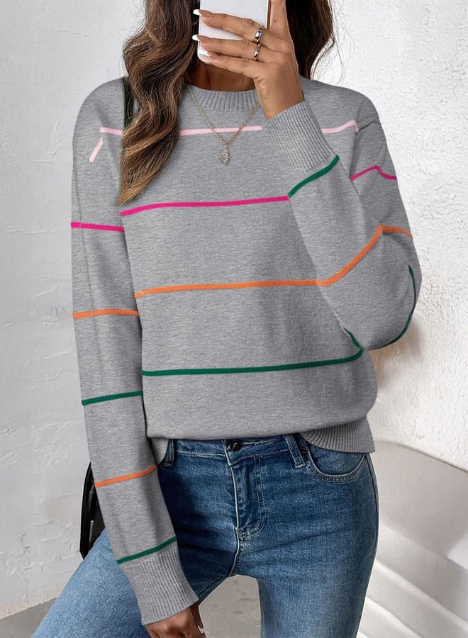 Shein سويت شيرت نسائي بياقة دائرية بأكمام طويلة وسويت شيرت مخطط ملابس خريفية للنساء 2025، رمادي، م - Image 2