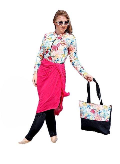 Burkini swimwear set of 5 pieces - multi-colored Material: Imported water-proof Sizes: - Large - Extra Large - 2 Extra Large Size Chart Large: Fits a weight of 55 to 65 kg Extra Large: Fits a weight of 65 to 75 kg 2 Extra Large: Fits a weight of 75 to 85 kg
