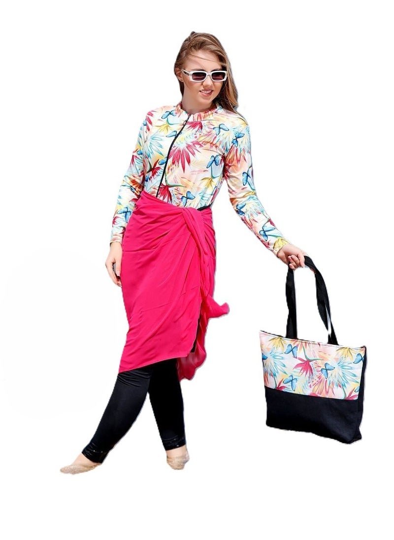 Nona fashion - Burkini swimwear set of 5 pieces - multi-colored Material: Imported water-proof Sizes: - Large - Extra Large - 2 Extra Large Size Chart Large: Fits a weight of 55 to 65 kg Extra Large: Fits a weight of 65 to 75 kg 2 Extra Large: Fits a weight of 75 to 85 kg - Image 1