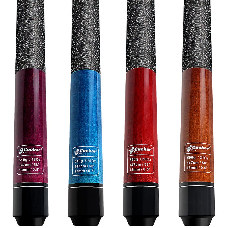 CUEBAR Pool Cues Set of 4 58 2Piece Pool Sticks for Adults 4 Billiard Cue Sticks 18 19 20 21 Oz for House Bar 13mm Tip Imitation Linen Grip Purple Red Blue Brown