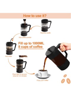 Bolivia's French Press Coffee Maker Coffee Tea Kettle 1 Liter Insulated Piston Tea Pot Cafetiere Coffee Cup with Filter 304 Stainless Steel Borosilicate Glass Coffee Press Durable Heat Resistant (1000ML, 34 OZ)  - Image 5