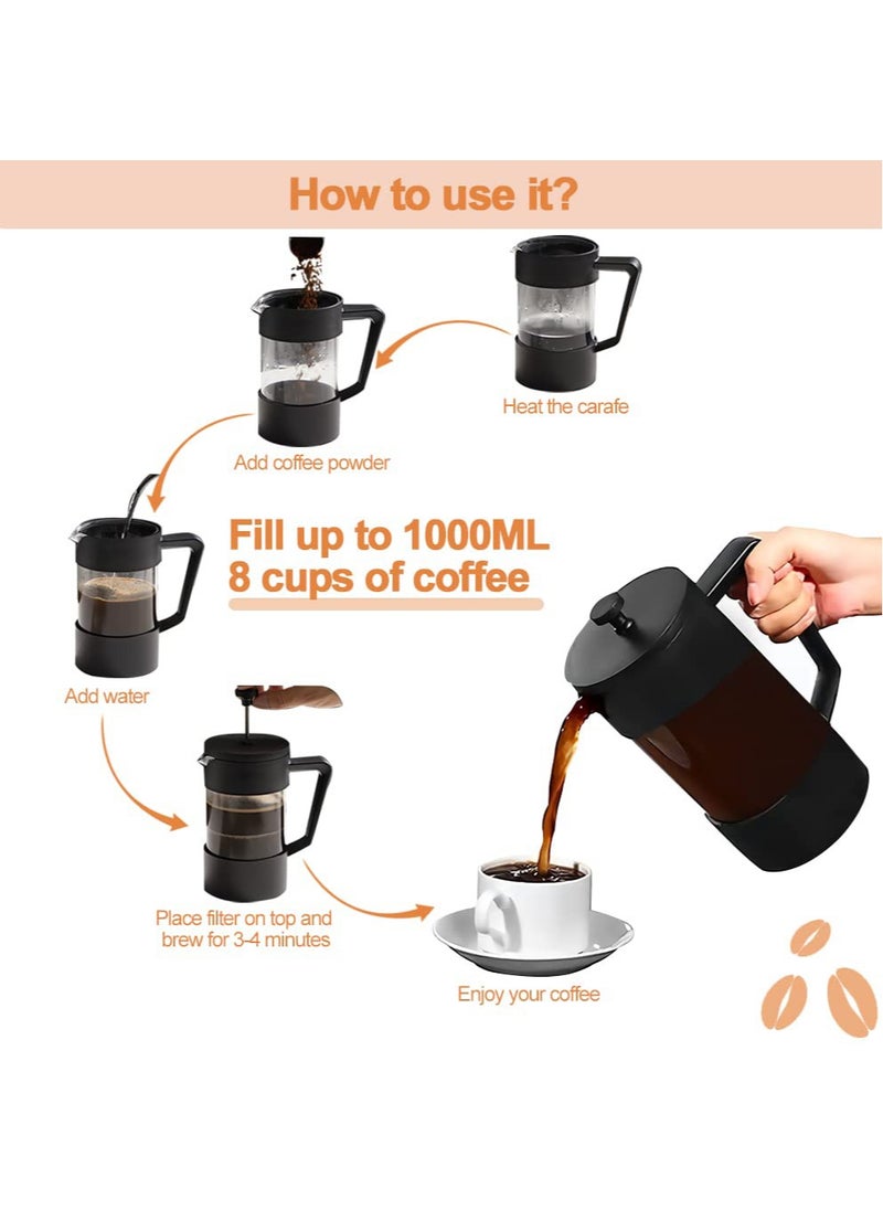 Bolivia's French Press Coffee Maker Coffee Tea Kettle 1 Liter Insulated Piston Tea Pot Cafetiere Coffee Cup with Filter 304 Stainless Steel Borosilicate Glass Coffee Press Durable Heat Resistant (1000ML, 34 OZ)  - Image 5
