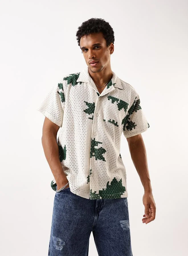 Hubberholme Men's Green 100% Cotton Textured Button Down Oversized Shirt