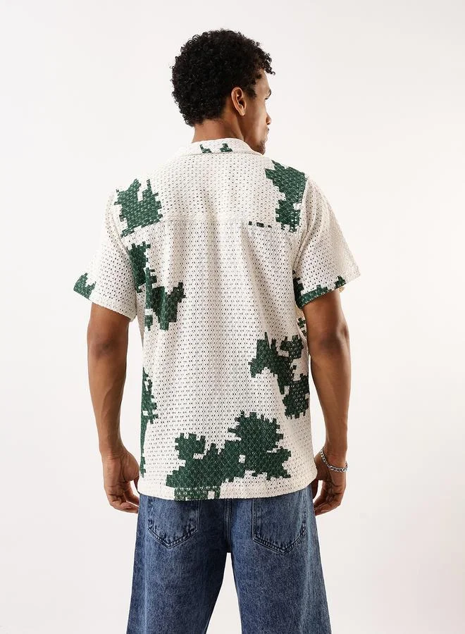 Hubberholme Men's Green 100% Cotton Textured Button Down Oversized Shirt
