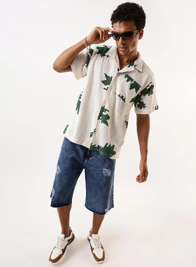 Hubberholme Men's Green 100% Cotton Textured Button Down Oversized Shirt