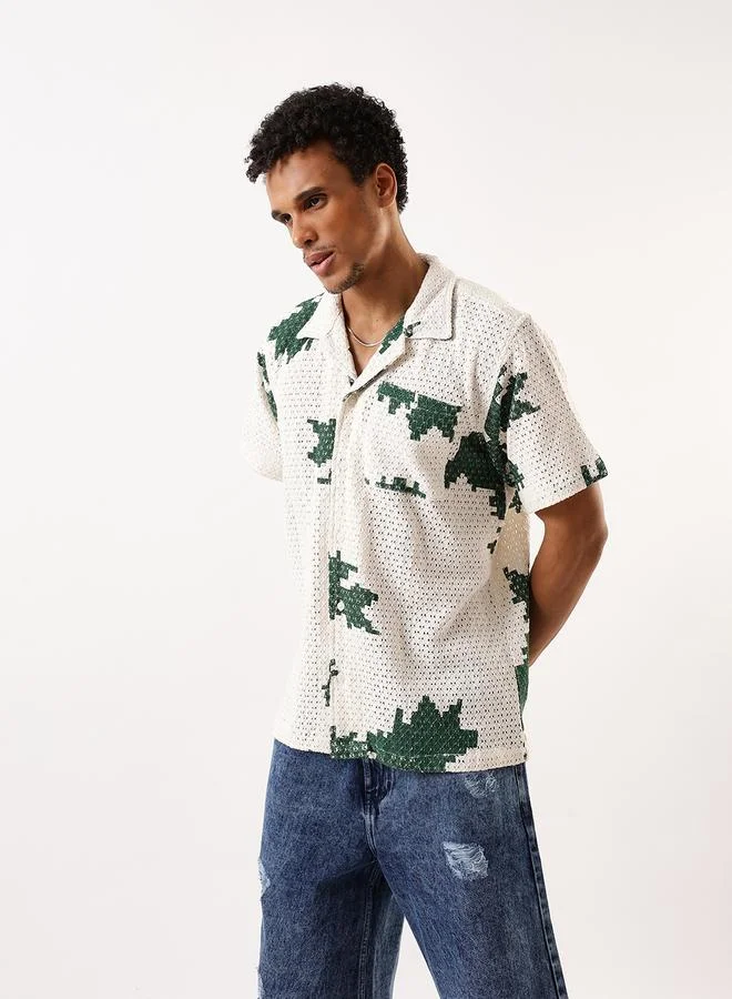 Hubberholme Men's Green 100% Cotton Textured Button Down Oversized Shirt