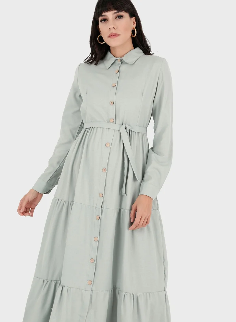 Por La Cara By Modanisa Belt Detail Button Down Dress