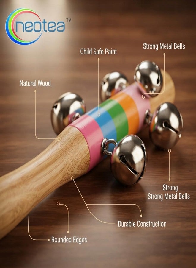 Neotea Colorful Wooden Rainbow Baby Handle Jingle Bell Rattle Toys | Set of 2 | Round Face Jhun Jhuna Rattles for Kids & Toddlers | Vibrant Colors | Safe & Fun Playtime | Color May Vary - Image 3