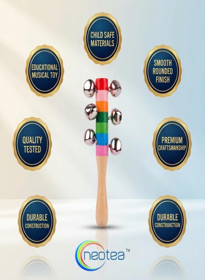 Neotea Colorful Wooden Rainbow Baby Handle Jingle Bell Rattle Toys | Set of 2 | Round Face Jhun Jhuna Rattles for Kids & Toddlers | Vibrant Colors | Safe & Fun Playtime | Color May Vary - Image 2