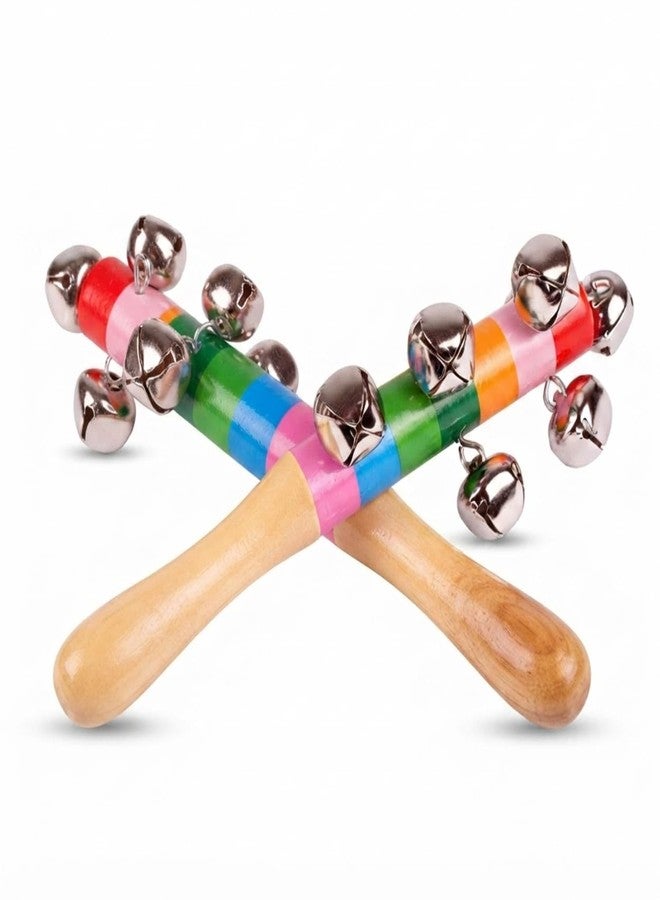 Neotea Colorful Wooden Rainbow Baby Handle Jingle Bell Rattle Toys | Set of 2 | Round Face Jhun Jhuna Rattles for Kids & Toddlers | Vibrant Colors | Safe & Fun Playtime | Color May Vary - Image 1