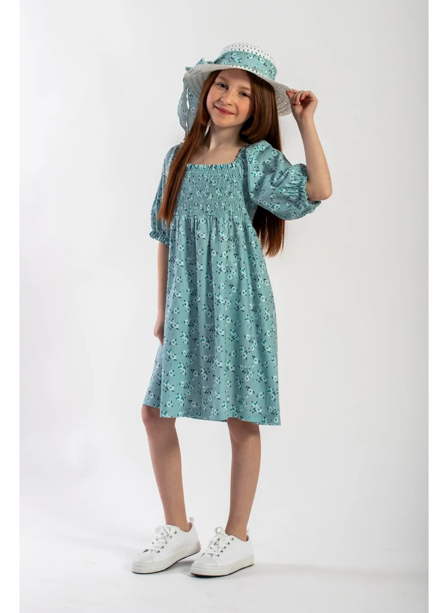 Zepkids Cagla Green Color Girl Dress with Chest-Cut Pattern