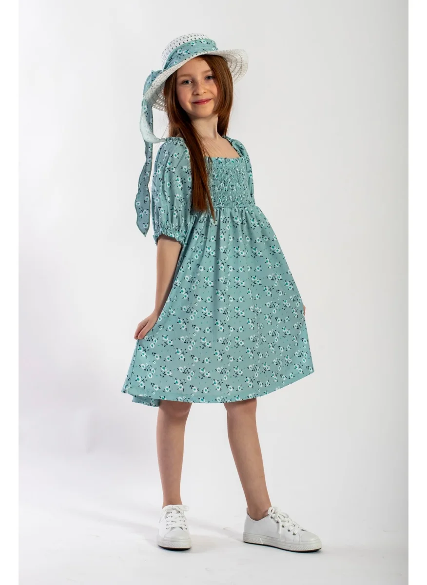 Zepkids Cagla Green Color Girl Dress with Chest-Cut Pattern