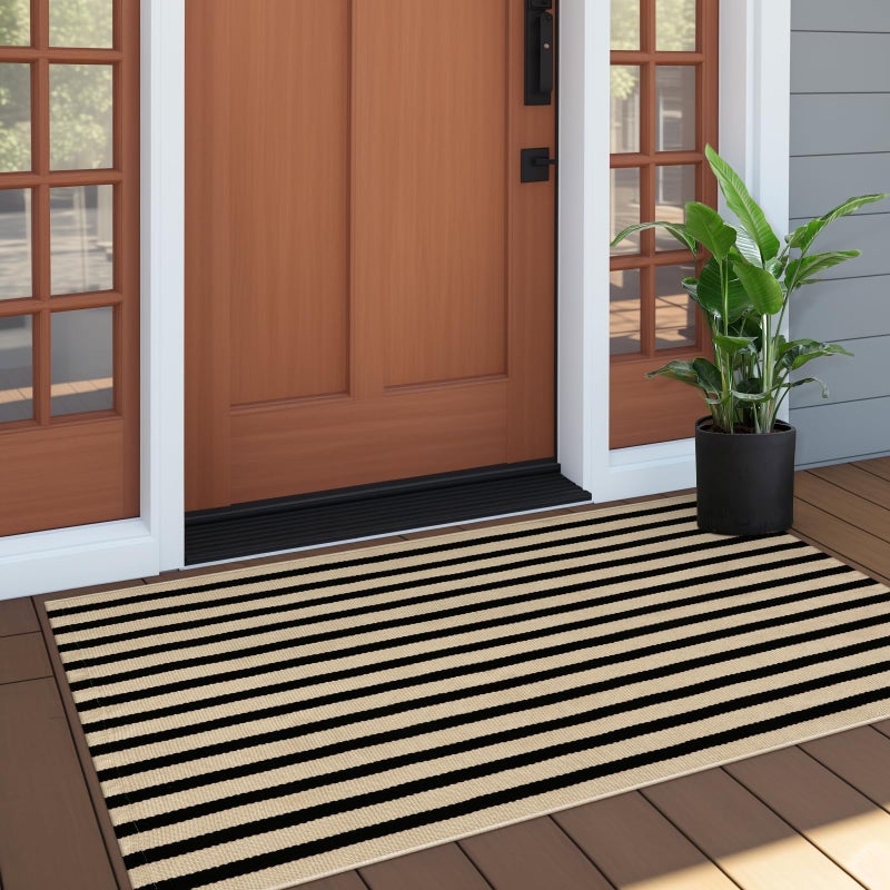 OJIA Outdoor Porch Rug Front Door Mat 24"x51", Washable Black and Tan Striped Outdoor Rugs Front Door Rugs Cotton Woven Kitchen Rugs Small Area Rugs for Entryway/Patio/Entry/Outside Entrance Decor - Image 1