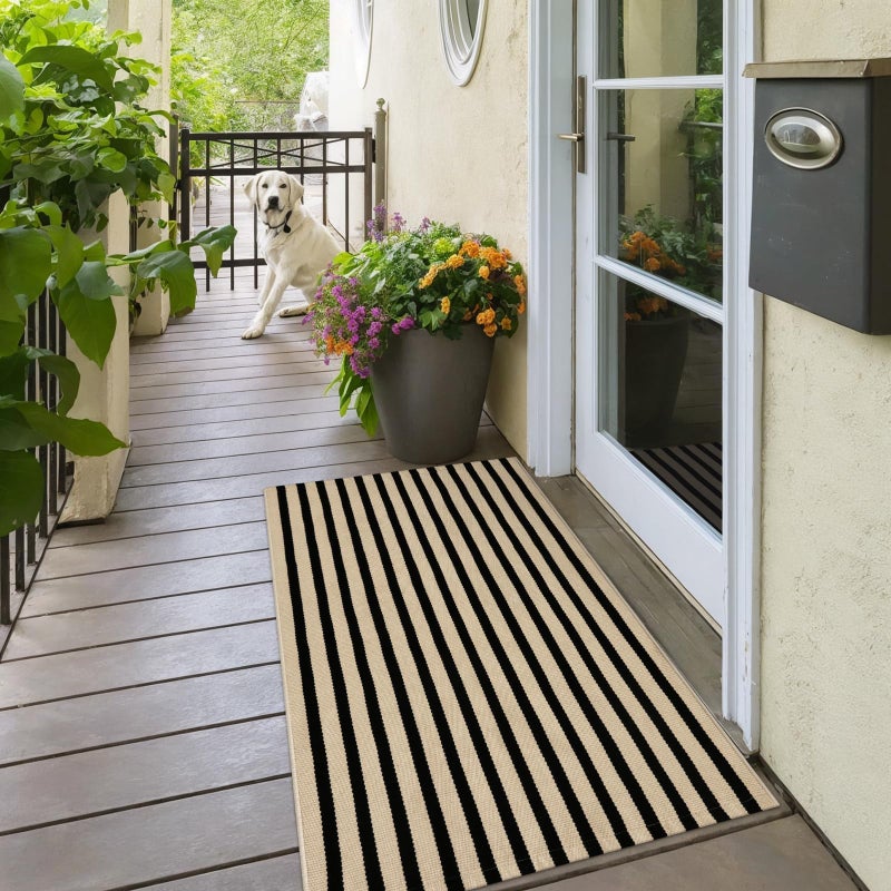 OJIA Outdoor Porch Rug Front Door Mat 24"x51", Washable Black and Tan Striped Outdoor Rugs Front Door Rugs Cotton Woven Kitchen Rugs Small Area Rugs for Entryway/Patio/Entry/Outside Entrance Decor - Image 5