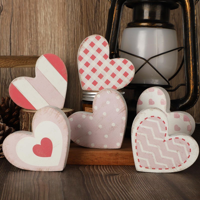 Yewfold 6Pcs Valentine's Day Wooden Hearts Tiered Tray Decor, Farmhouse Distressed Pink Heart Shaped Love Signs Table Decor for Home Office Tabletop - Image 1