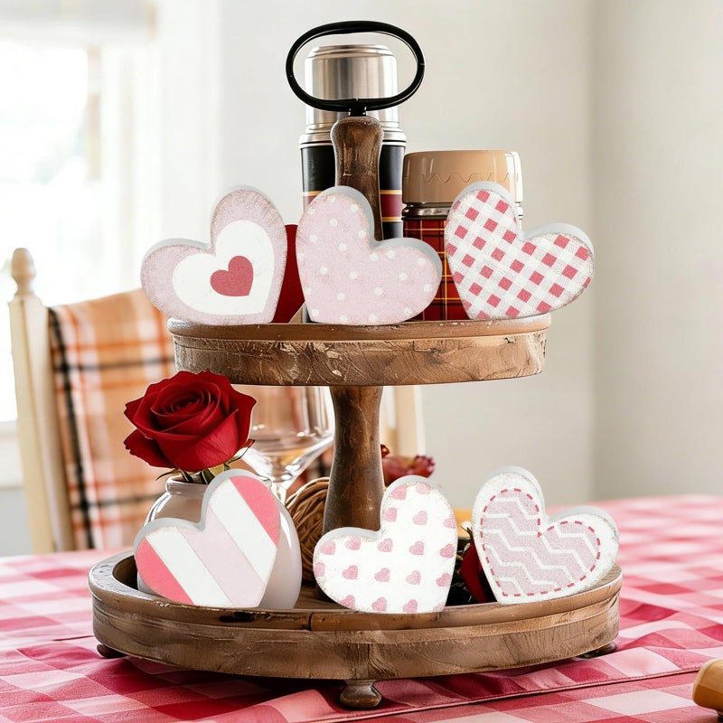 Yewfold 6Pcs Valentine's Day Wooden Hearts Tiered Tray Decor, Farmhouse Distressed Pink Heart Shaped Love Signs Table Decor for Home Office Tabletop - Image 4