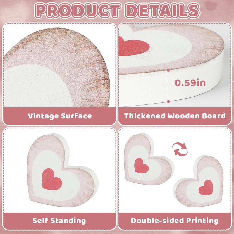 Yewfold 6Pcs Valentine's Day Wooden Hearts Tiered Tray Decor, Farmhouse Distressed Pink Heart Shaped Love Signs Table Decor for Home Office Tabletop - Image 3