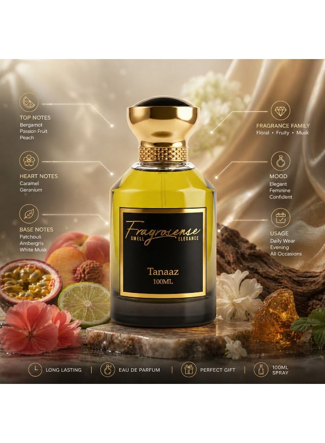 Fragrosense Tanaaz Eau de Parfum for Women 100ml, Fruity Floral Musk Fragrance with Bergamot Passion Fruit Peach, Caramel Geranium, Patchouli White Musk, Elegant Glass Bottle Spray - Image 2