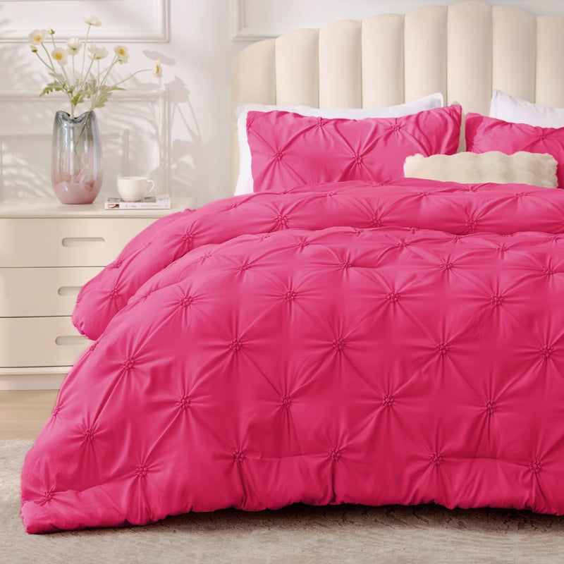 BEDELITE Hot Pink Queen Comforter Set - 3 Pieces Boho Pintuck Bedding Comforter Sets, Lightweight Soft & Warm Bed Comforter Queen with 2 Pillowcases for All Season - Image 1