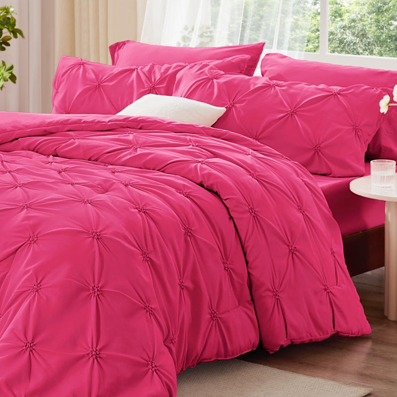 BEDELITE Hot Pink Queen Comforter Set - 3 Pieces Boho Pintuck Bedding Comforter Sets, Lightweight Soft & Warm Bed Comforter Queen with 2 Pillowcases for All Season - Image 2