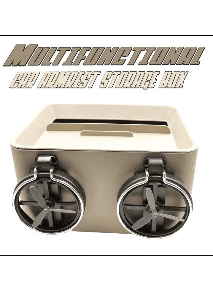 موب منظم صندوق تخزين مسند ذراع السيارة متعدد الوظائف ، حامل مشروب في السيارة ، حامل أكواب MOB بيج مع فضي - Image 1