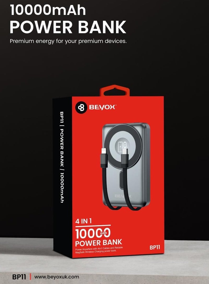 BEYOX BP11 4-in-1 Power Bank 10000mAh, MagSafe Wireless Charging Power Bank with Built-In Type-C & Lightning Cables, Compatible with iPhone, Apple Watch & Android Devices - Image 2