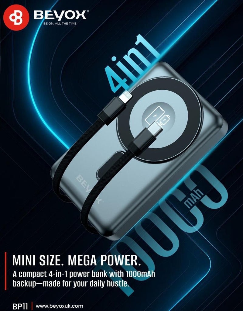 BEYOX BP11 4-in-1 Power Bank 10000mAh, MagSafe Wireless Charging Power Bank with Built-In Type-C & Lightning Cables, Compatible with iPhone, Apple Watch & Android Devices - Image 1