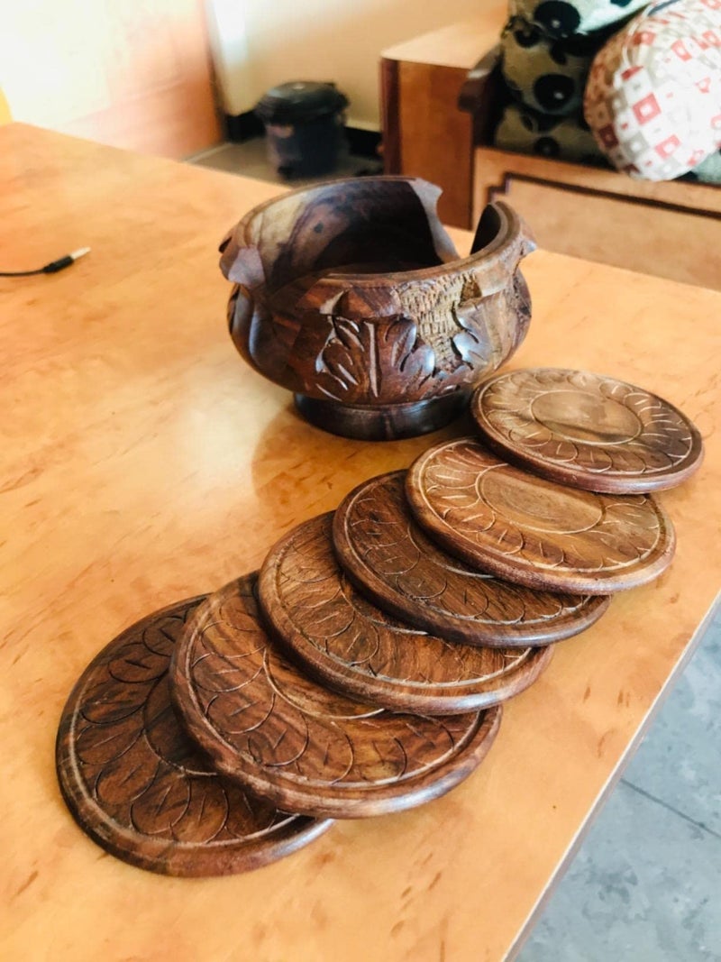 Craftland Wooden Antique Coaster for Kitchen/Dining Table/Office/Restaurant (Flower Base) - Image 4