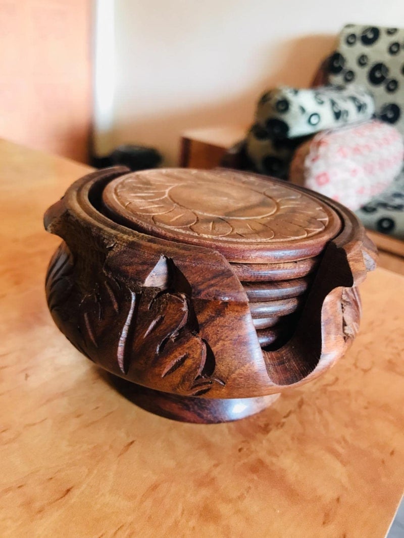 Craftland Wooden Antique Coaster for Kitchen/Dining Table/Office/Restaurant (Flower Base) - Image 5