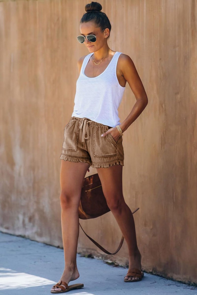 YOCUR Womens Jean Shorts Trendy Things Casual Baggy Tassel Denim Shorts Drawstring Stretch Waist Pockets Red Brown XXL - Image 4