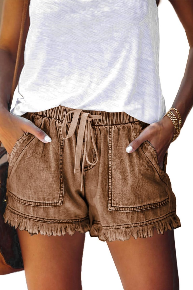 YOCUR Womens Jean Shorts Trendy Things Casual Baggy Tassel Denim Shorts Drawstring Stretch Waist Pockets Red Brown XXL - Image 1