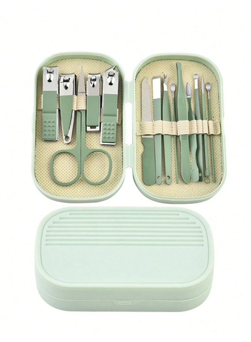 Generic 14-piece stainless steel manicure set in green in a small plastic box. All manicure tools, including nail clippers.  - Image 3