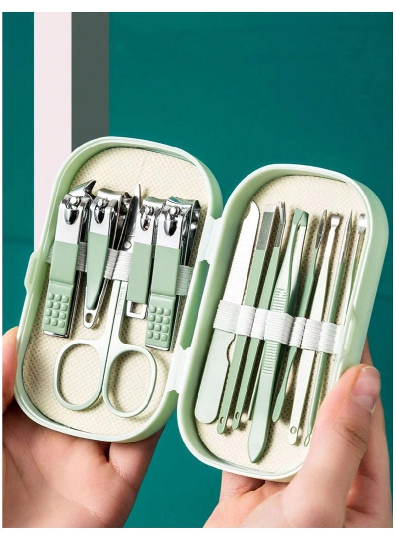 Generic 14-piece stainless steel manicure set in green in a small plastic box. All manicure tools, including nail clippers.  - Image 4
