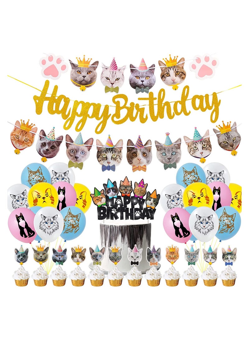 SYOSI 42pcs Cat Birthday Party Decoration Set Cat Face Banner Latex Balloons Kitten Happy Birthday Cake Cupcake Toppers for Meow Kitty Theme Birthday Party Supplies - Image 1