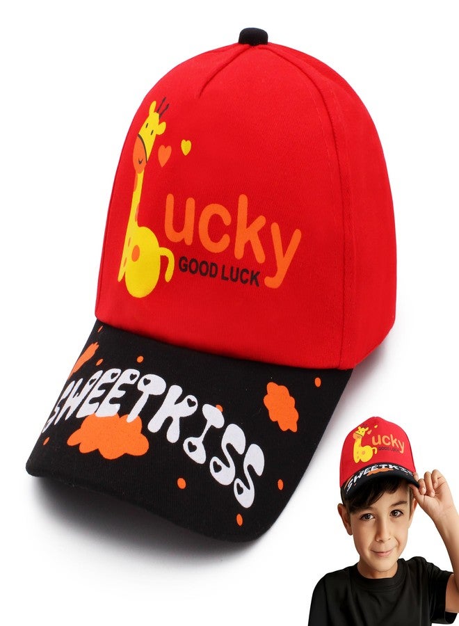 فريتراز قبعة صغيرة مطبوعة عليها شخصية كرتونية محظوظة من VRITRAZ للأطفال، بنات وأولاد من 3 إلى 12 سنة (أحمر) - Image 1