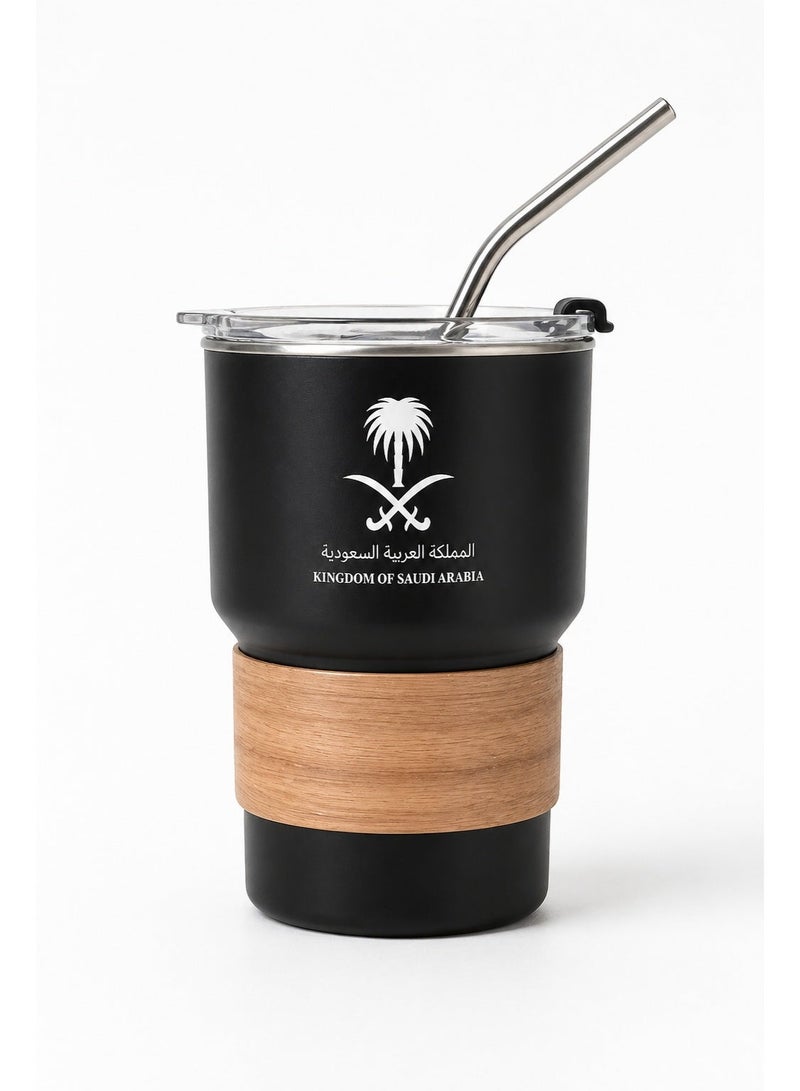 ELLEGLAM 500ml 304 Stainless Steel Coffee Mug – Saudi Logo Design, Portable Travel Mug for Hot and Cold Drinks, Includes Straw and Leakproof Heat-Resistant Lid – Ideal for Home, Office & Outdoor Use (Black) - Image 1