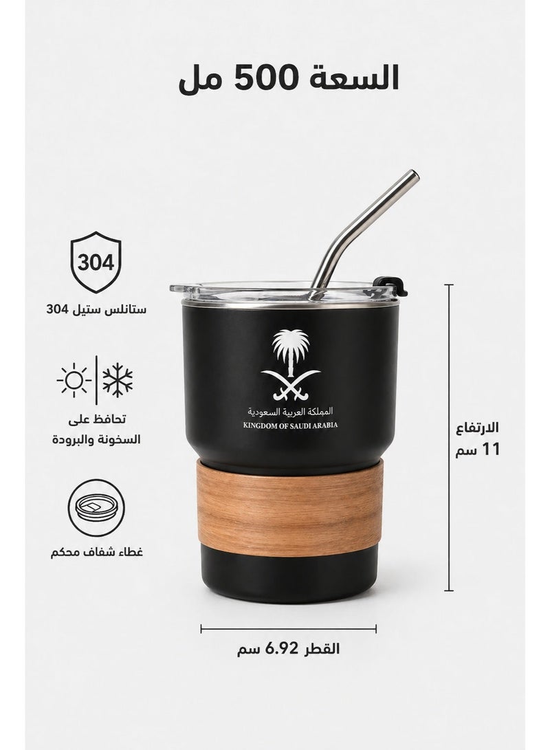 ELLEGLAM 500ml 304 Stainless Steel Coffee Mug – Saudi Logo Design, Portable Travel Mug for Hot and Cold Drinks, Includes Straw and Leakproof Heat-Resistant Lid – Ideal for Home, Office & Outdoor Use (Black) - Image 2