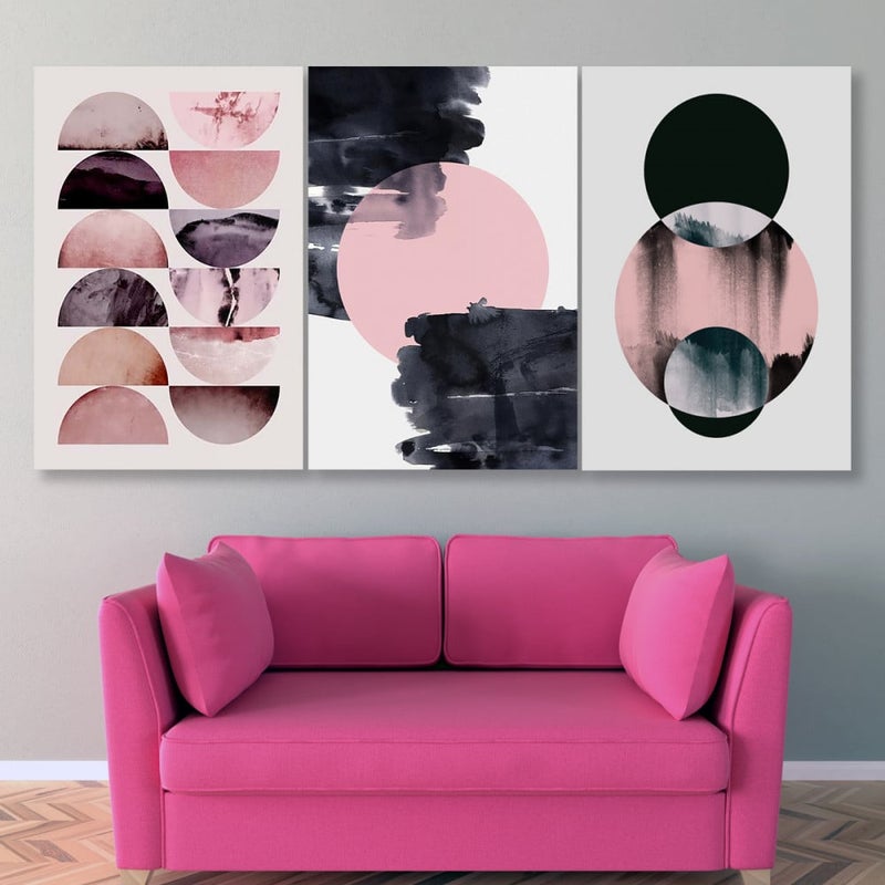 Marktna Three canvas panels with a geometric design and a hollow frame, measuring (150×70), three pieces - Image 1