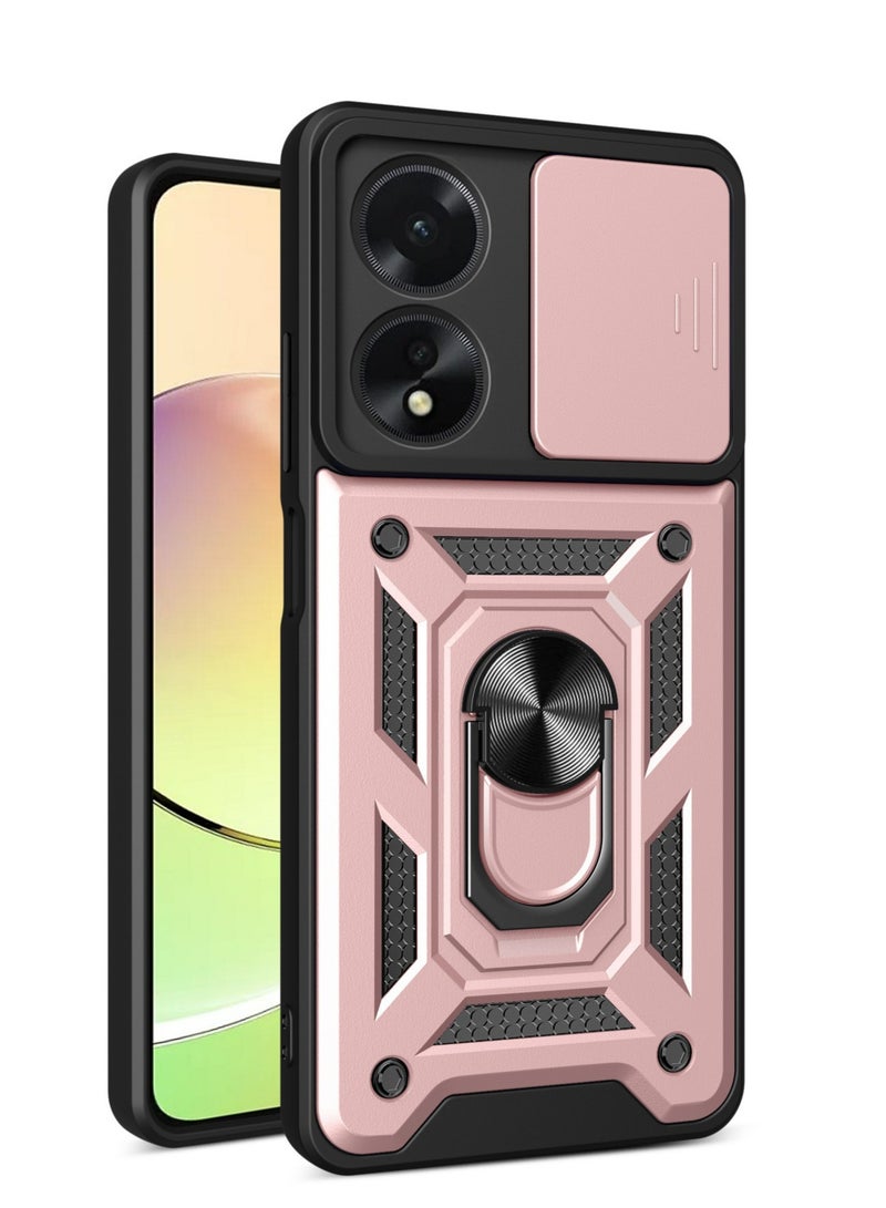 ITEL P55 5G Case, Slide Camera Lens Cover + 360°Rotating Kickstand Ring + Support Magnetic Car Mount Shockproof Mobile Phone Case Rose Gold