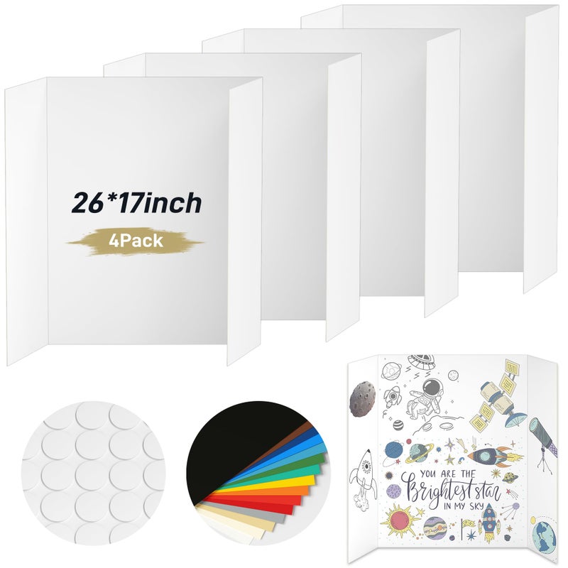 PSHVYM 4 Pcs Trifold Poster Board, 26 x 17 inches Poster Board with Double Sided Tapes and Cardboard, Corrugated Presentation/Display Board for School Project, Science Fair, Business - Image 1