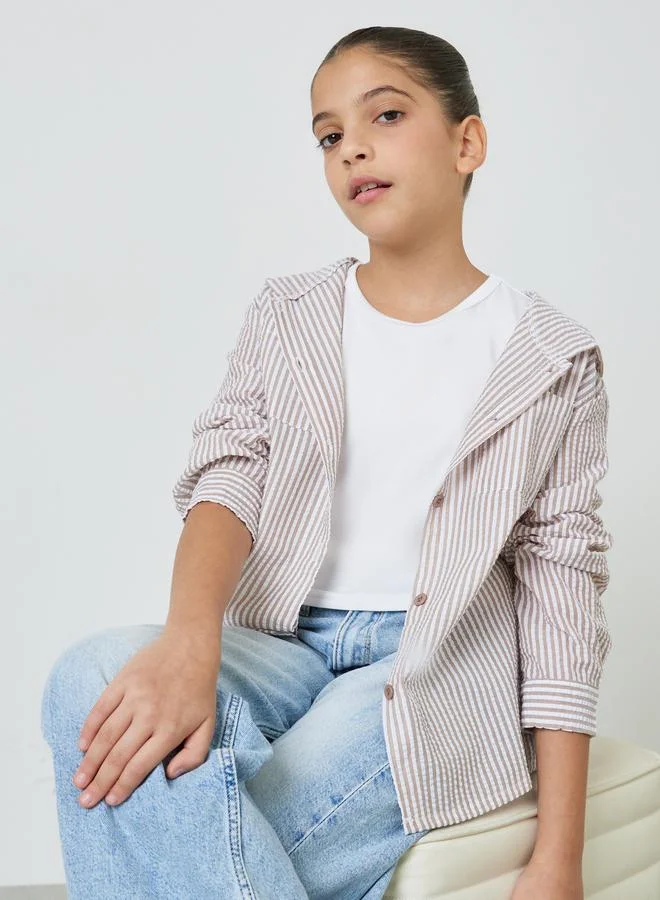 Styli Girls Brown Striped Hooded Shirt