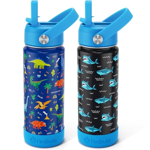 Fimibuke Kids Insulated Water Bottle, 18oz BPA FREE Kids Cups with Straw Double Wall Vacuum Tumbler 18/8 Stainless Steel Leak Proof Toddler Water Bottle for School Boys Girls (2 Pack, Dinosaur/Shark) - Image 1