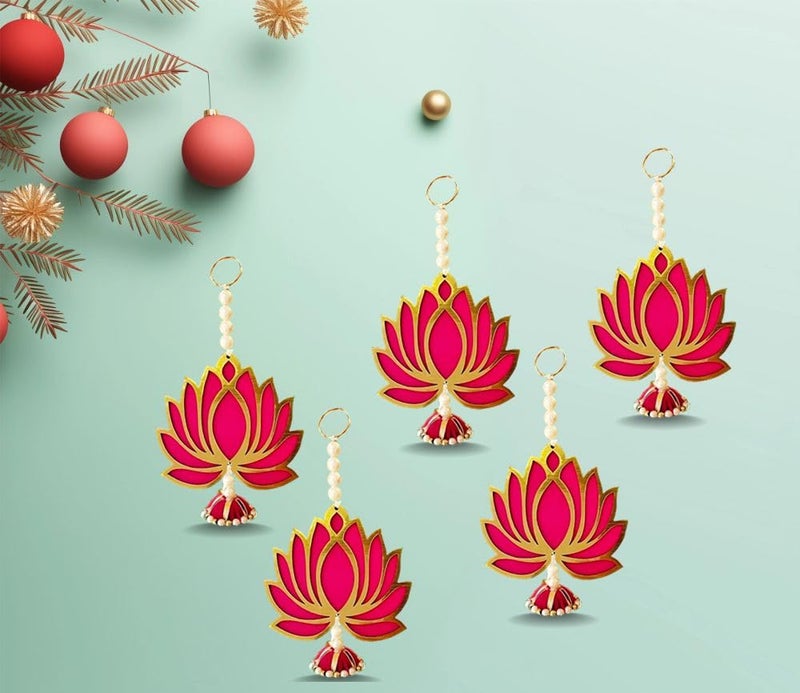 BENAVJI BENAVJI Handmade MDF Wood Lotus Hangings Jhumki Style for Home Wall Decor Diwali Ganpati Navratri Wedding Temples Mandir Pooja Rooms Event Backdrops All Festival Decorations Pink Color Lotus Pack of 6 - Image 5