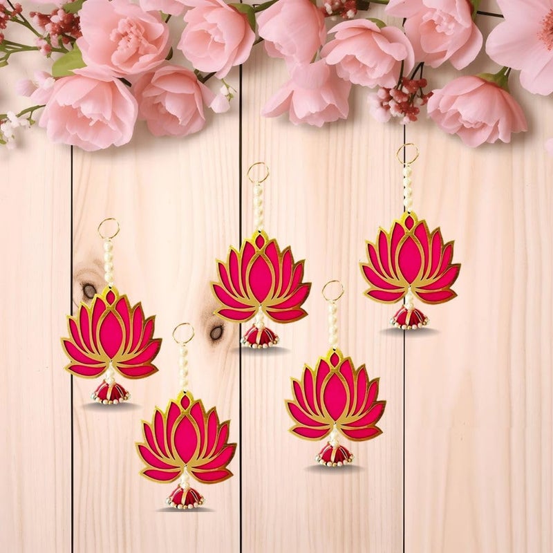 BENAVJI BENAVJI Handmade MDF Wood Lotus Hangings Jhumki Style for Home Wall Decor Diwali Ganpati Navratri Wedding Temples Mandir Pooja Rooms Event Backdrops All Festival Decorations Pink Color Lotus Pack of 6 - Image 4