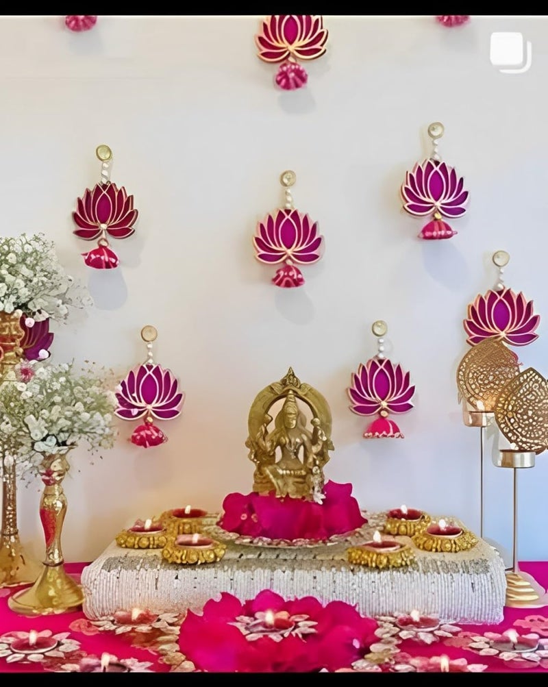 BENAVJI BENAVJI Handmade MDF Wood Lotus Hangings Jhumki Style for Home Wall Decor Diwali Ganpati Navratri Wedding Temples Mandir Pooja Rooms Event Backdrops All Festival Decorations Pink Color Lotus Pack of 6 - Image 1