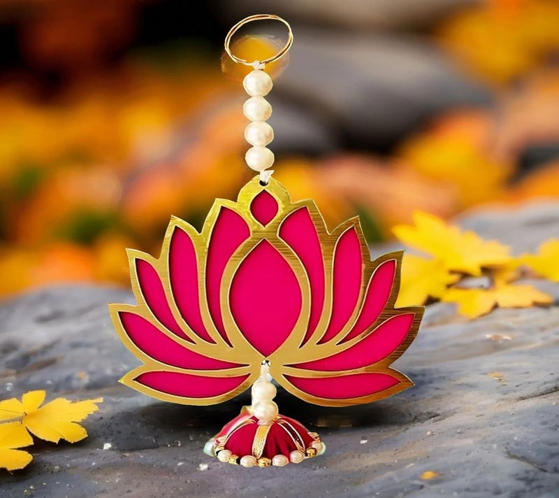 BENAVJI BENAVJI Handmade MDF Wood Lotus Hangings Jhumki Style for Home Wall Decor Diwali Ganpati Navratri Wedding Temples Mandir Pooja Rooms Event Backdrops All Festival Decorations Pink Color Lotus Pack of 6 - Image 2