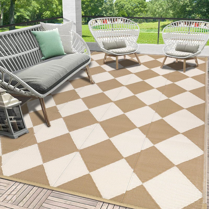 HEBE Outdoor Rug Waterproof 6x9, Checkered Plastic Straw Rug RV Camping Rug, Reversible Outdoor Patio Mat Clearance, Outside Carpet for Porch,Deck,Camper,Balcony - Image 1