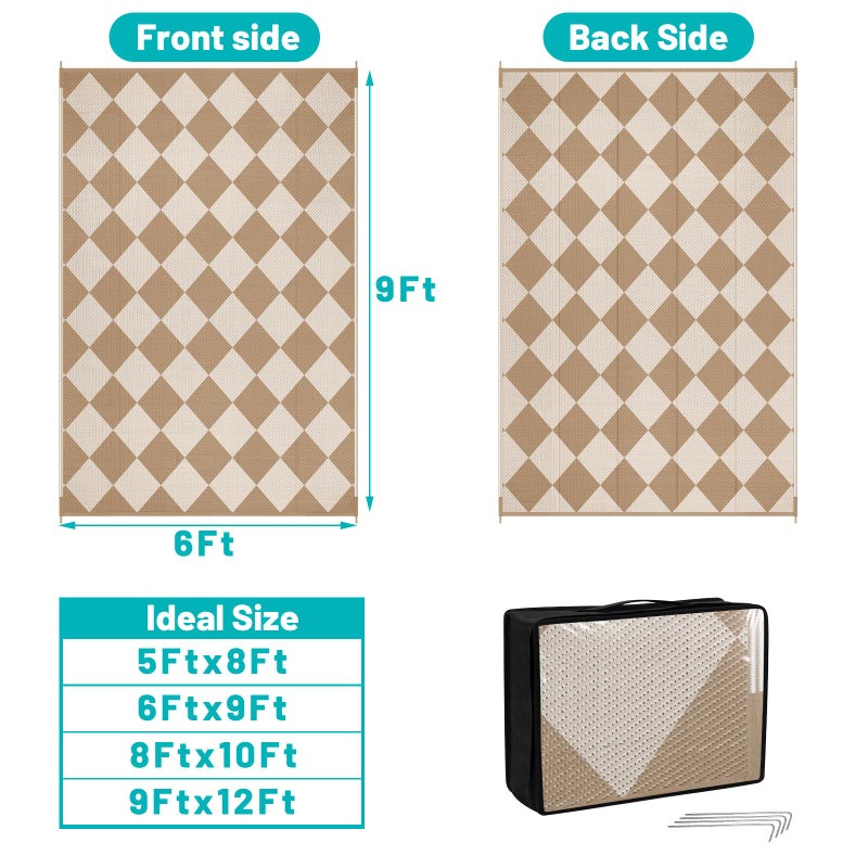 HEBE Outdoor Rug Waterproof 6x9, Checkered Plastic Straw Rug RV Camping Rug, Reversible Outdoor Patio Mat Clearance, Outside Carpet for Porch,Deck,Camper,Balcony - Image 2