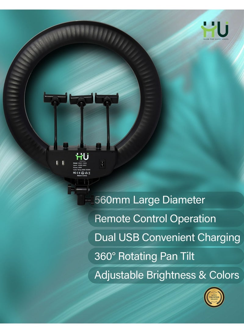 H U RGB LED Soft Ring Light 560mm – Large Ring Light with Remote Control, Dual USB Charging & 360° Rotating Pan Tilt for Makeup, Live Stream & Photography - Image 4