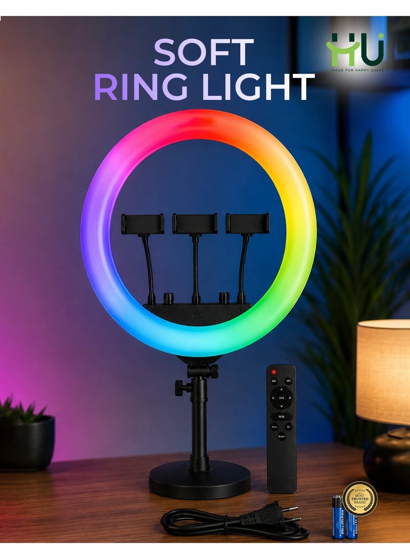 H U RGB LED Soft Ring Light 560mm – Large Ring Light with Remote Control, Dual USB Charging & 360° Rotating Pan Tilt for Makeup, Live Stream & Photography - Image 1